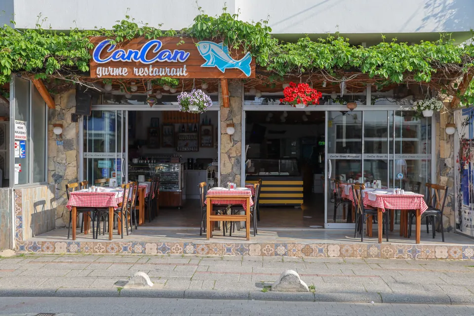 Asma yapraklı, kareli örtülü masalarıyla bir restoranın dış cephesi